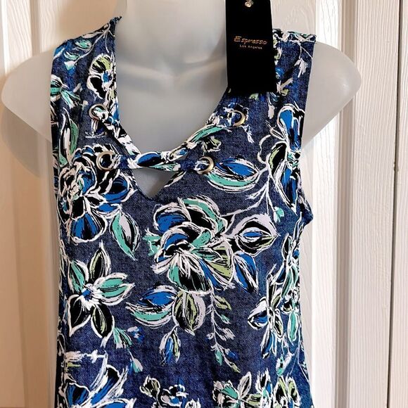 Espresso Floral Blue Teal Green Sleeveless Tank Top Shirt Blouse Small S NWT - Picture 2 of 5